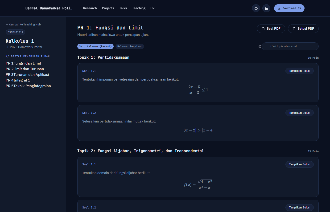 Kalkulus 1 Practice Portal: problem viewer with LaTeX math rendering